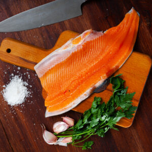 Raw,Trout,Fillet,,Garlic,,Parsley,On,Wooden,Table.,Ingredients,For